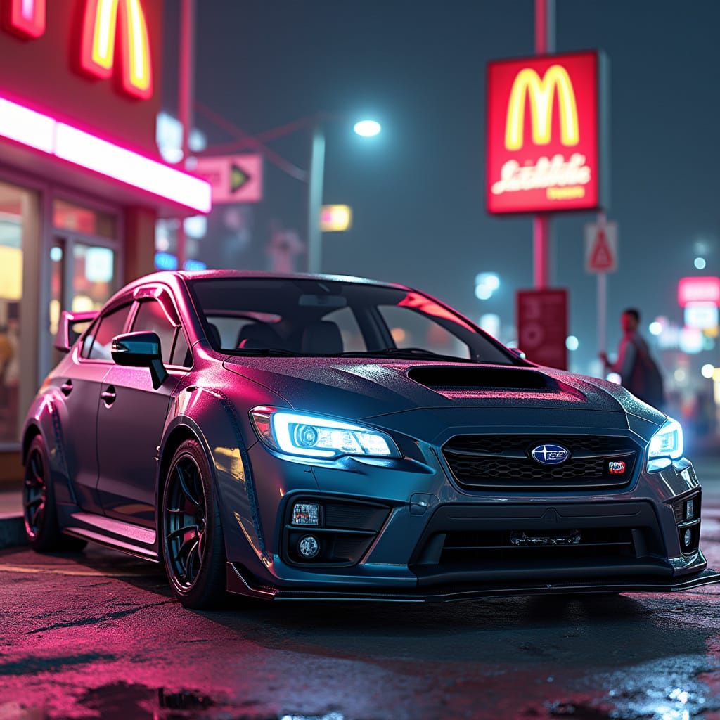 Sleek WRX Impreza at Neon McDonald's with Vibrant Models
