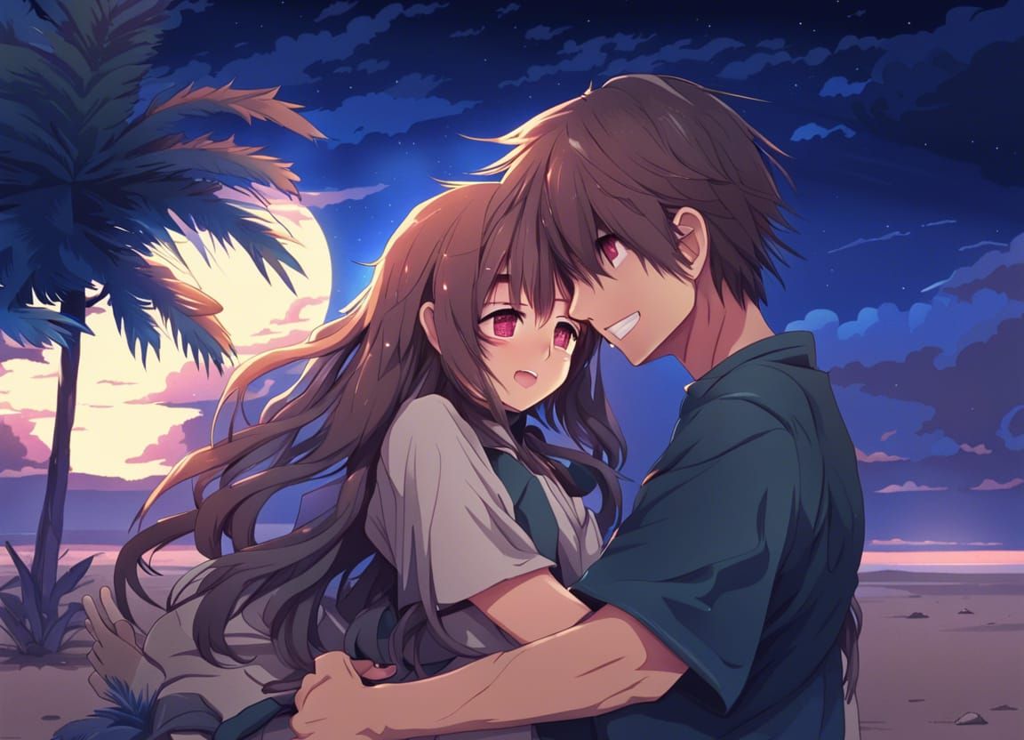 Anime Style: Couple Hugging in Desert Night