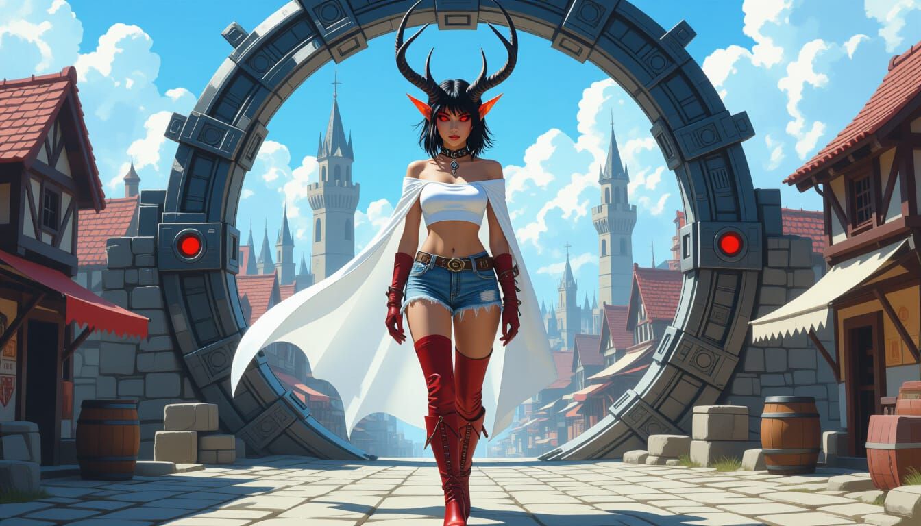 Tiefling Steps Through Stargate to Cyberpunk City