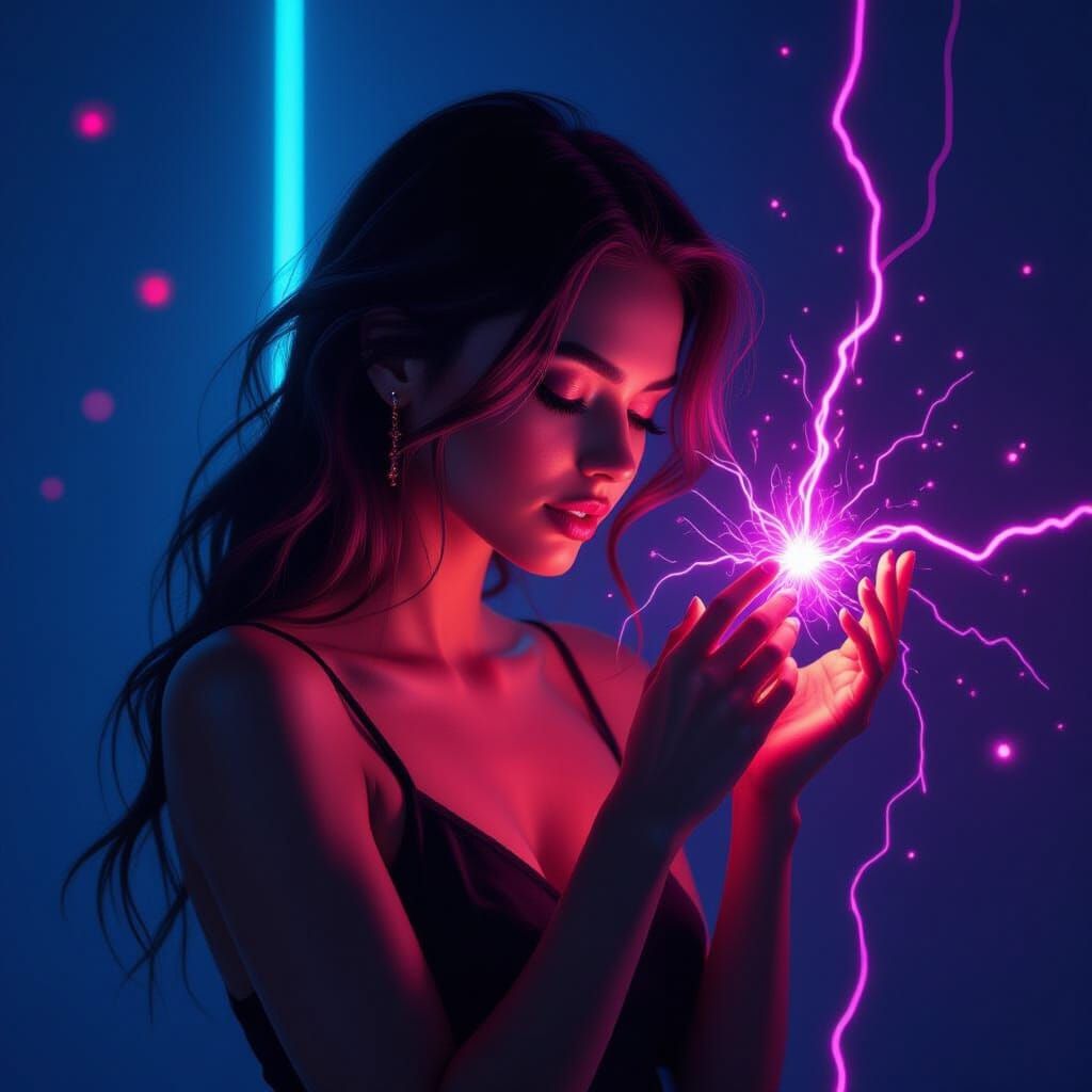 Luminous Woman as Electric Current in Surreal Digital Art