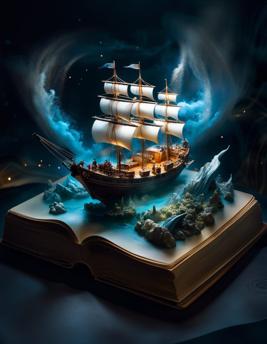 Miniature Yacht Emerges from Open Book: Digital Illustration