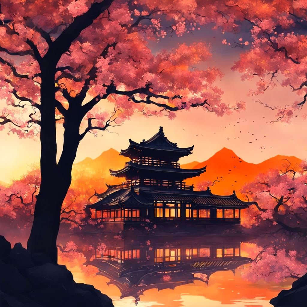 Cherry Blossom Fantasy in a European Sunset