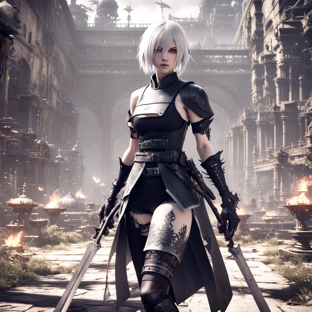 Nier Automata A2 Fighting Robots in a Ruined World