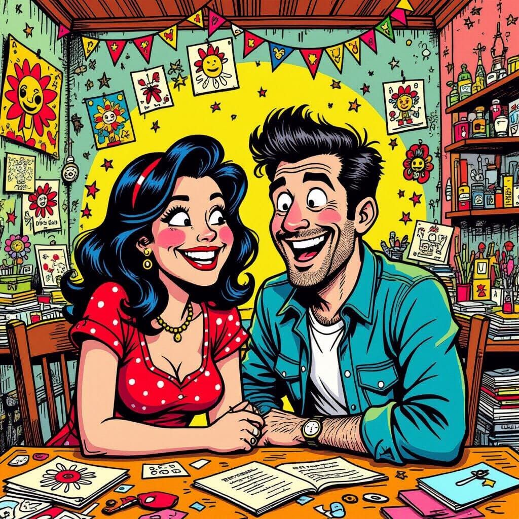 Mischievous Couple in Chaotic Room: Crumb Style