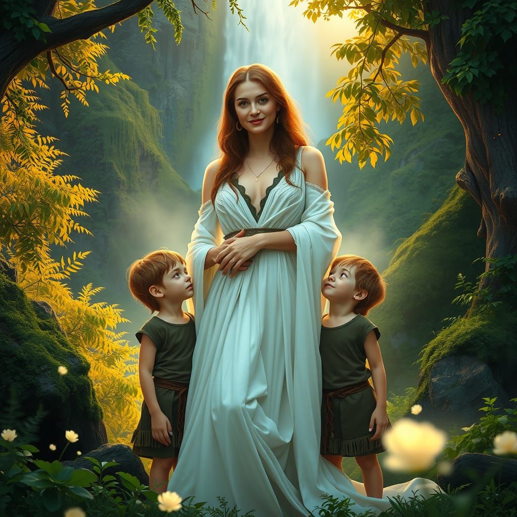Celtic Mother Protecting Sons in Enchanted Forest