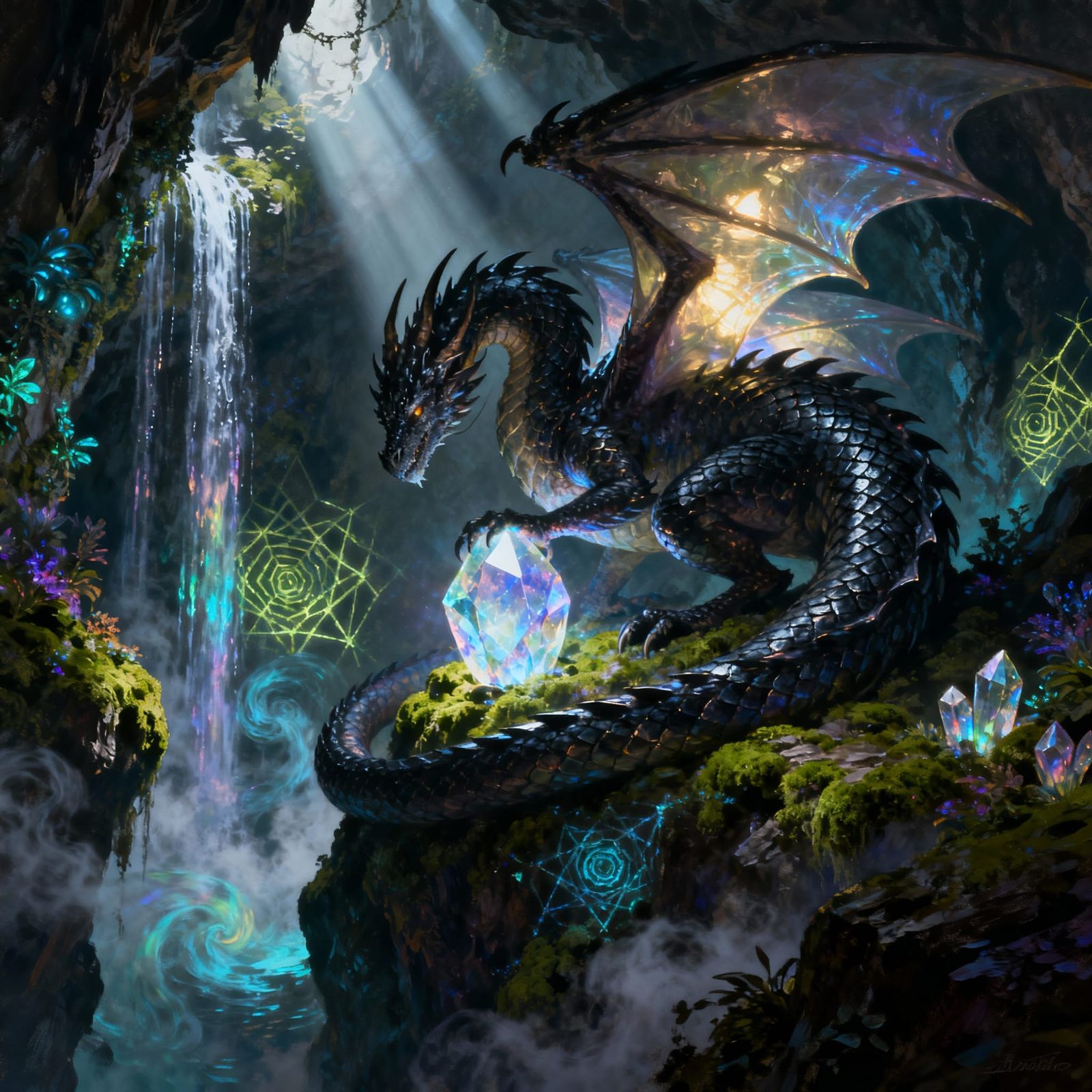 Ancient Obsidian Dragon Guards Ethereal Crystal