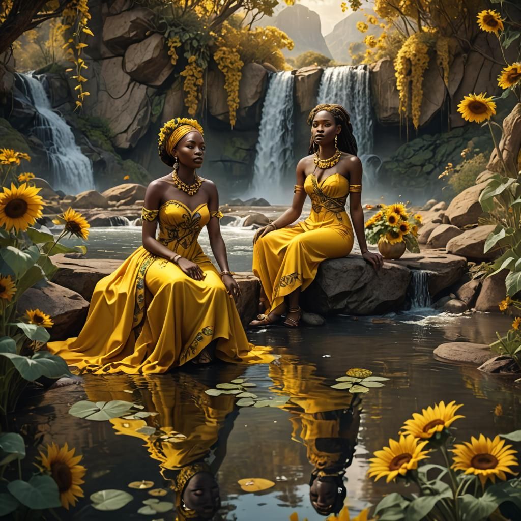 African Woman in Yellow Dress by Waterfall