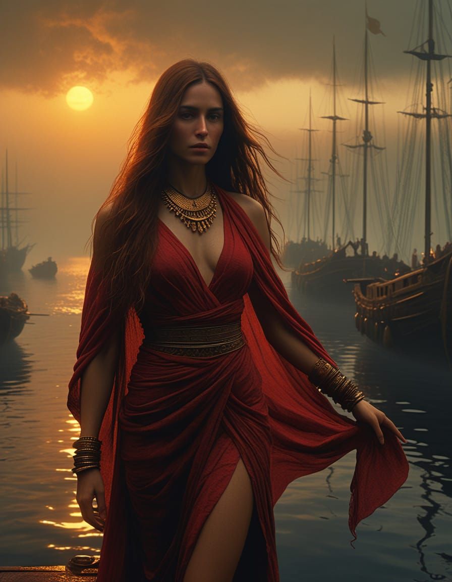 Mystical Dockside Maiden in Golden Dawn Light