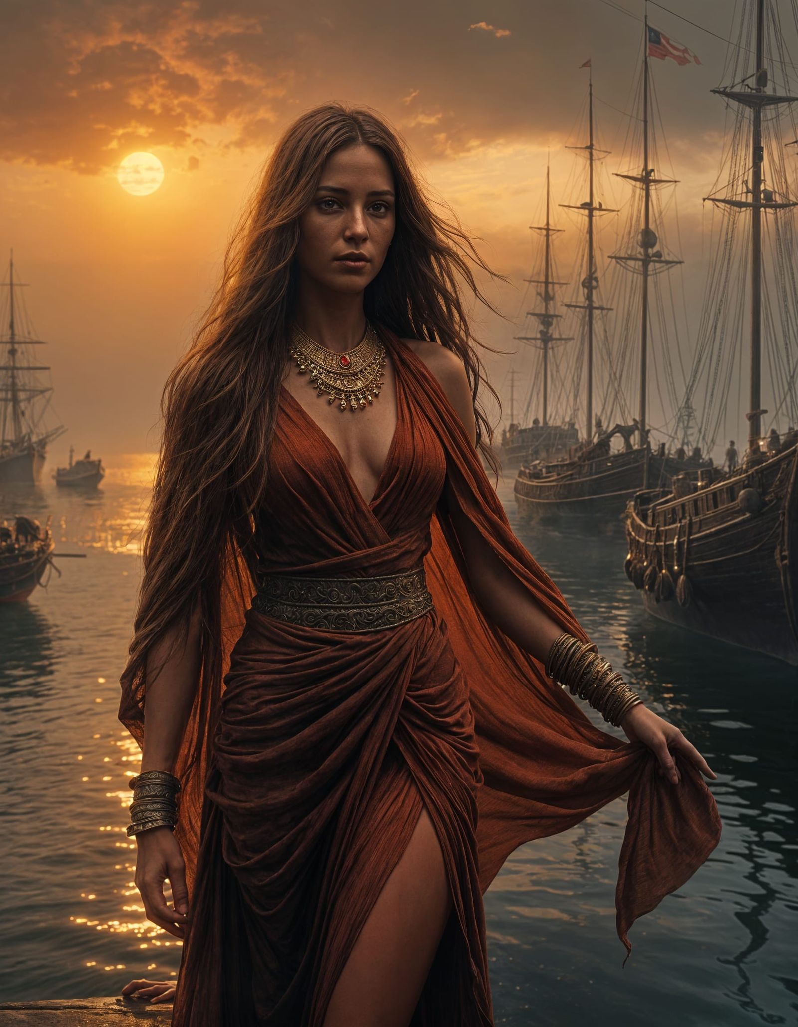 Mystical Dockside Maiden in Golden Dawn Light