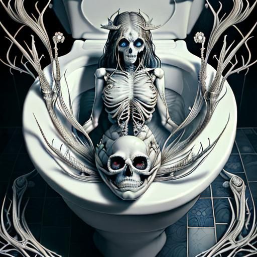 Intricate Skeletal Fish in Toilet Bowl