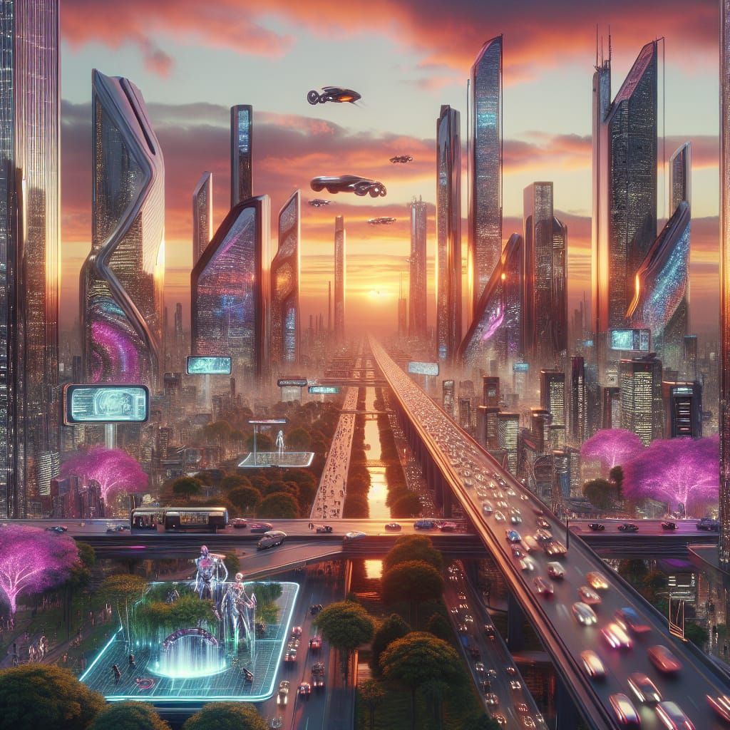 Surreal Futuristic Cityscape at Sunset in Cyberpunk Style