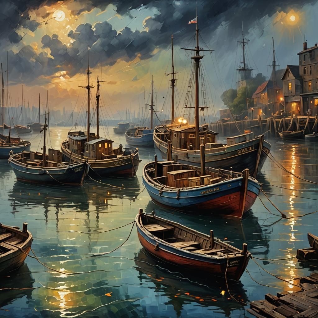 Maritime Scene: Fishing Boats in Impasto Oil Painting