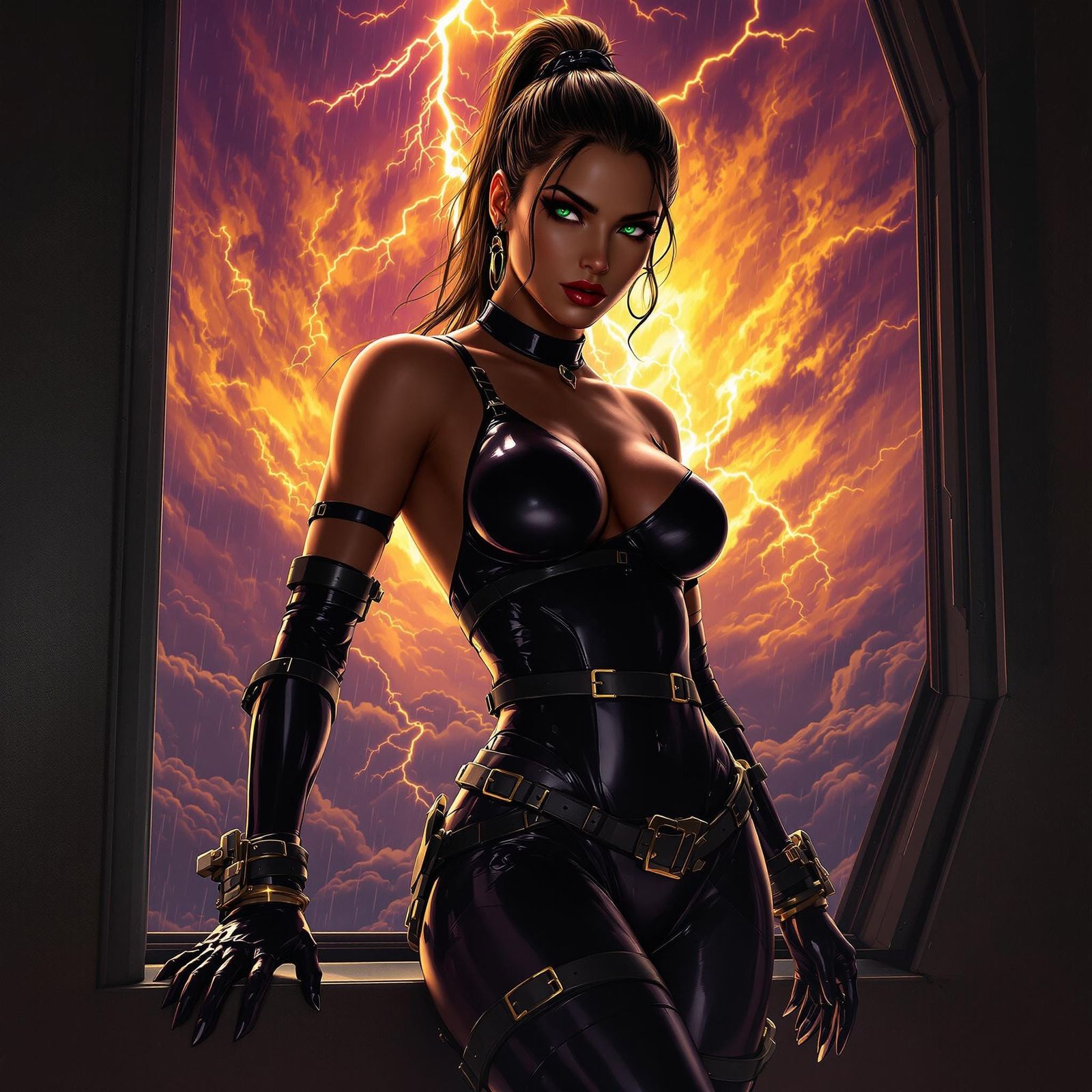 Sensual Mercenary Captive in Latex Bodysuit, Green Eyes, Tan...