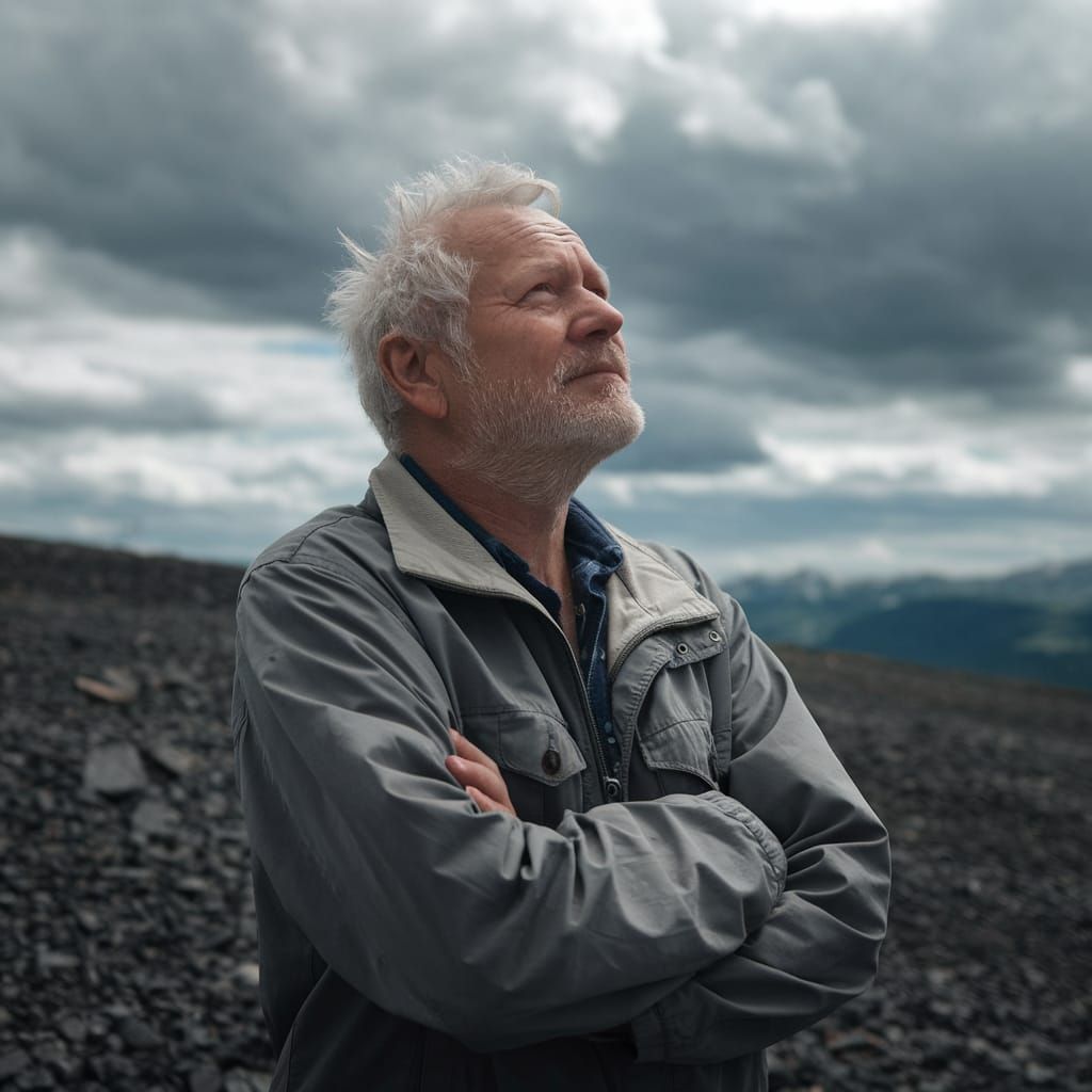 Sad Old Man Gazing at Cloudy Sky