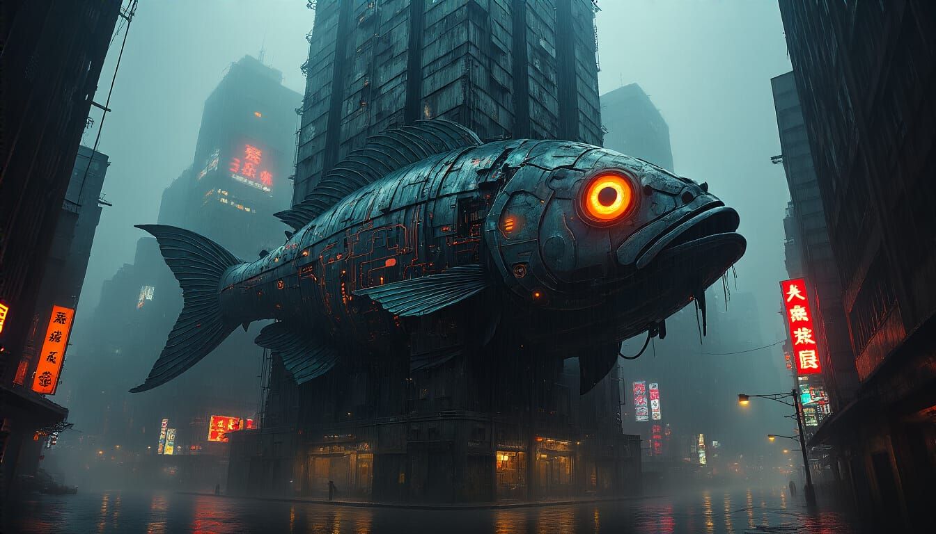 Cyberpunk Cyber-Fish Building in Rainy Metropolis