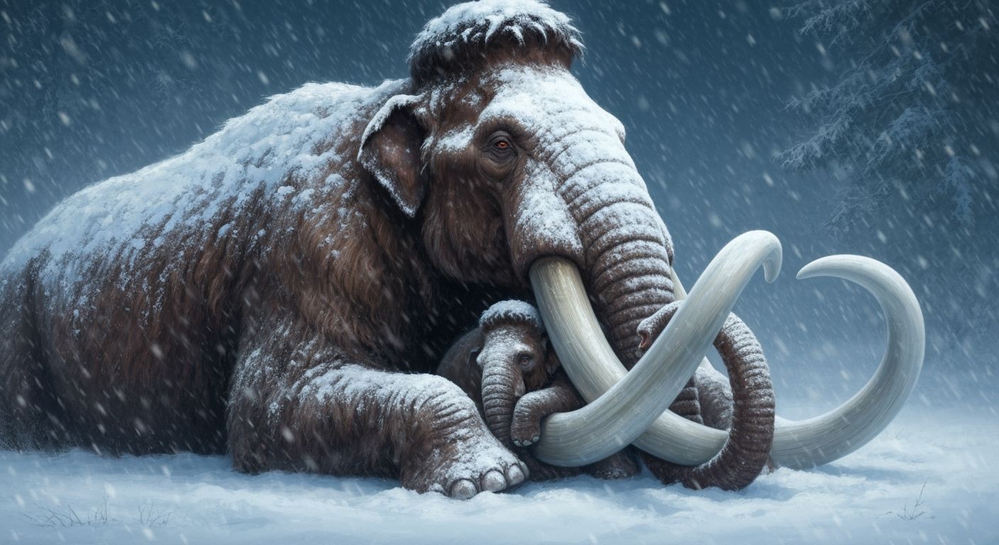 Woolly Mammoth Mother and Baby in Snowstorm as Oil Painting