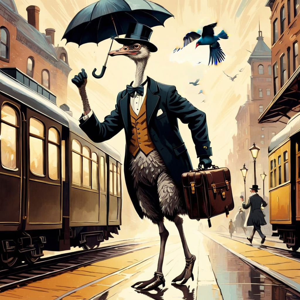 Ostrich in Top Hat Runs for Train: 1950s Style