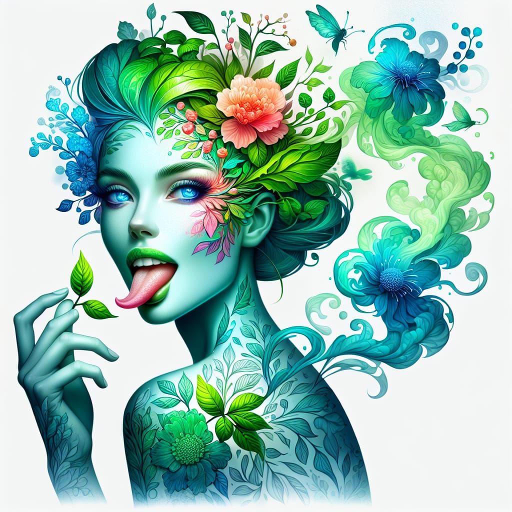 Botanical Tattoo Woman with Green Smoke