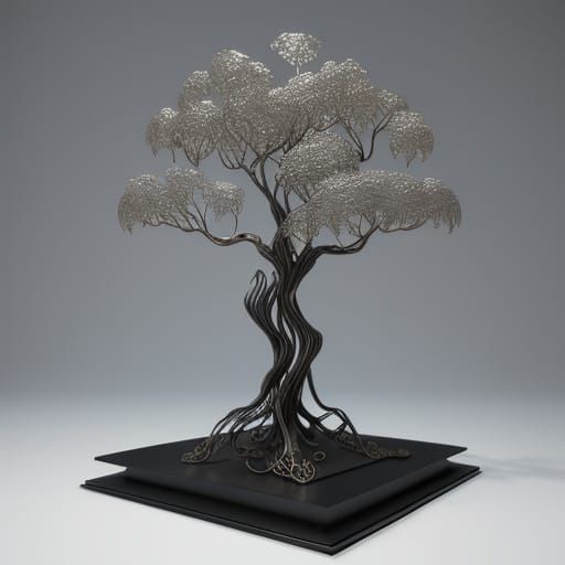 Metal and paper modern art sculpture that looks like a tree,...