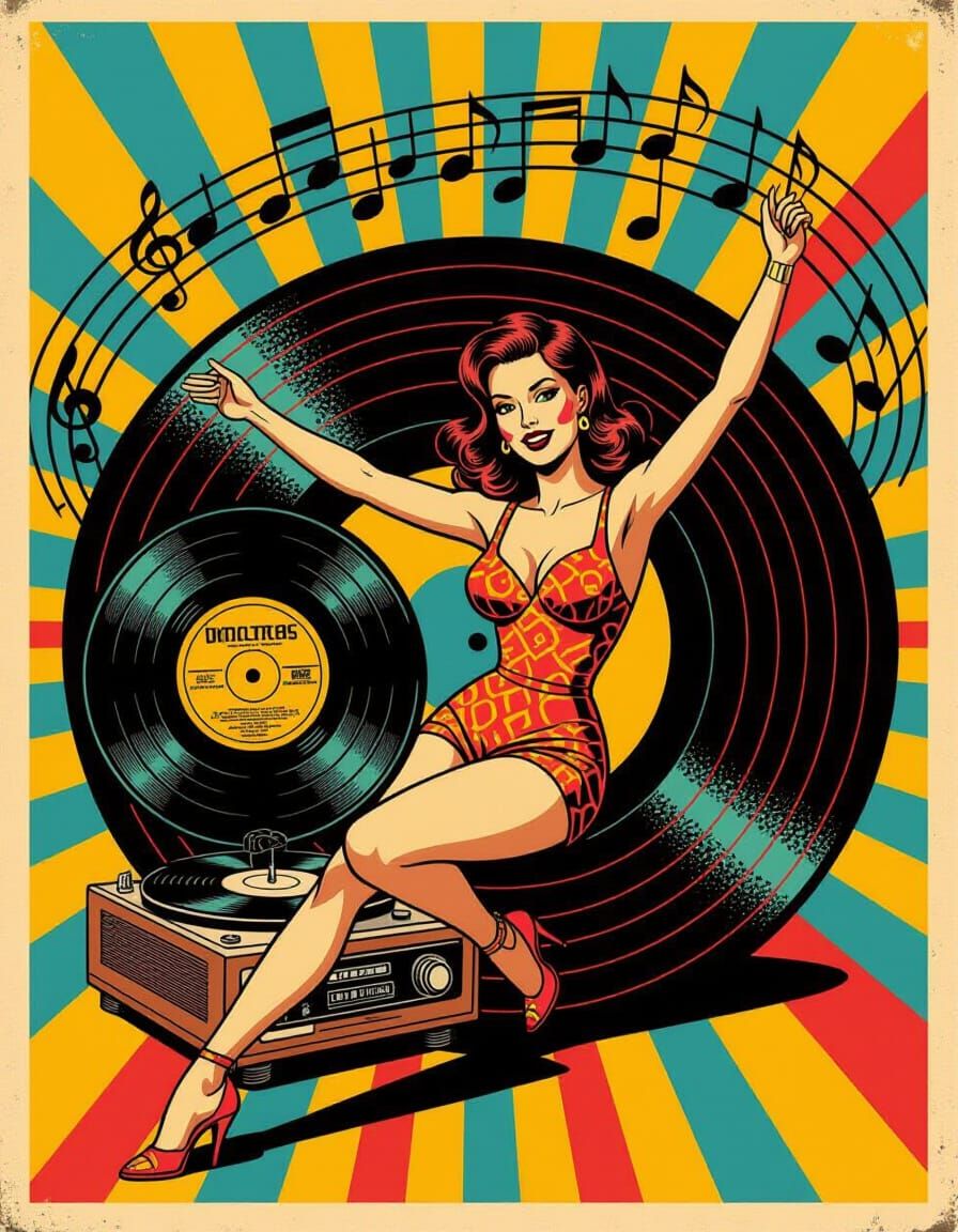 1970s Pin-Up Girl with Vinyl Record Poster