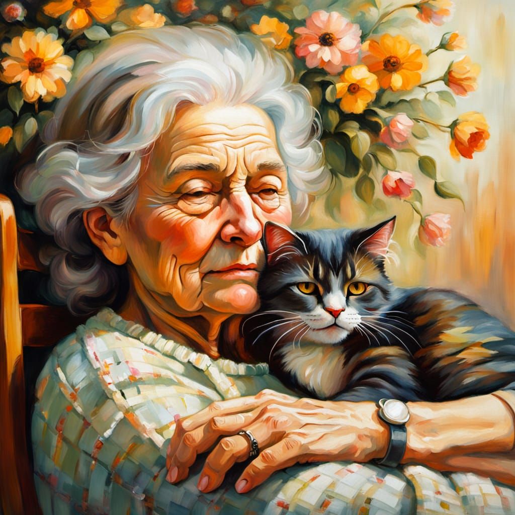 Cozy Grandma Nap in Impressionistic Flower Garden