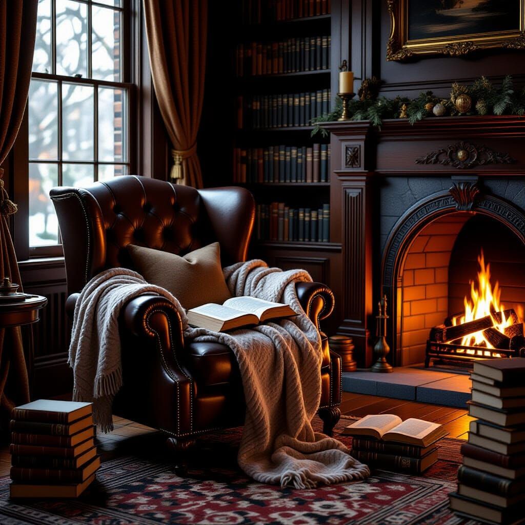 Cozy Library Corner with Fireplace in Matte Painting Style