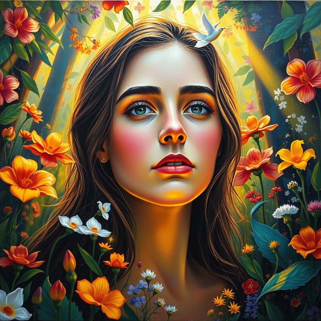 Woman in Enchanted Flower Forest Acrylic Painting