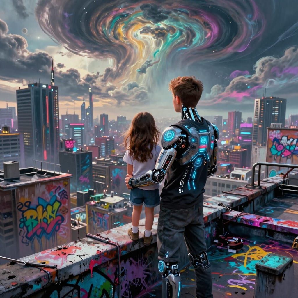 Cyberpunk Teens on Rooftop Overlooking Futuristic City