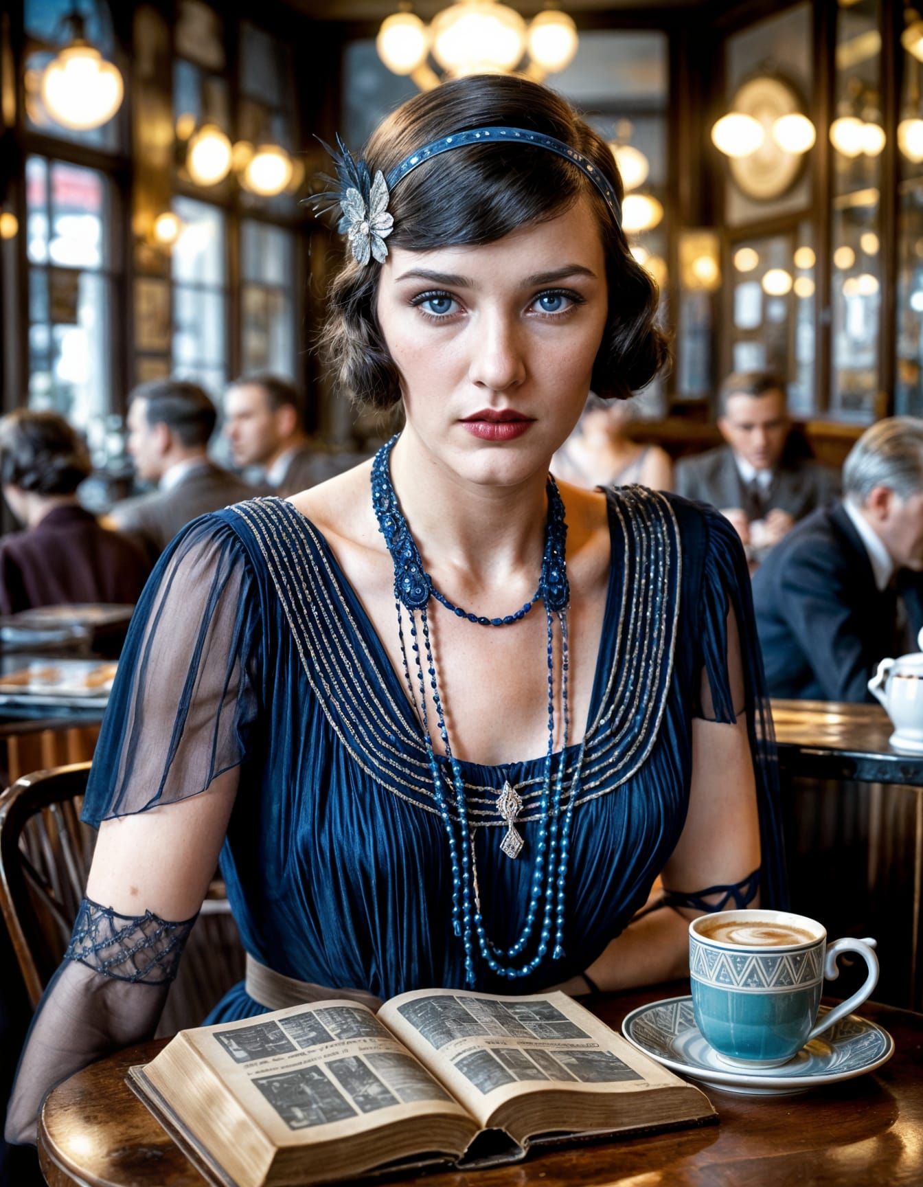 1930s Brunette in Wartime Cafe: Hyper-Realistic Portrait