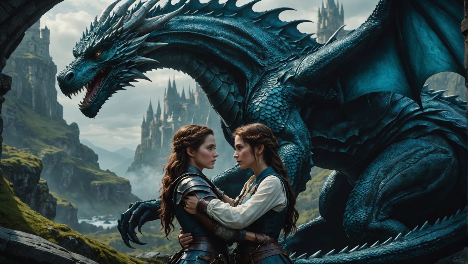 Dragon and Warrior Woman in Dark Fantasy Style