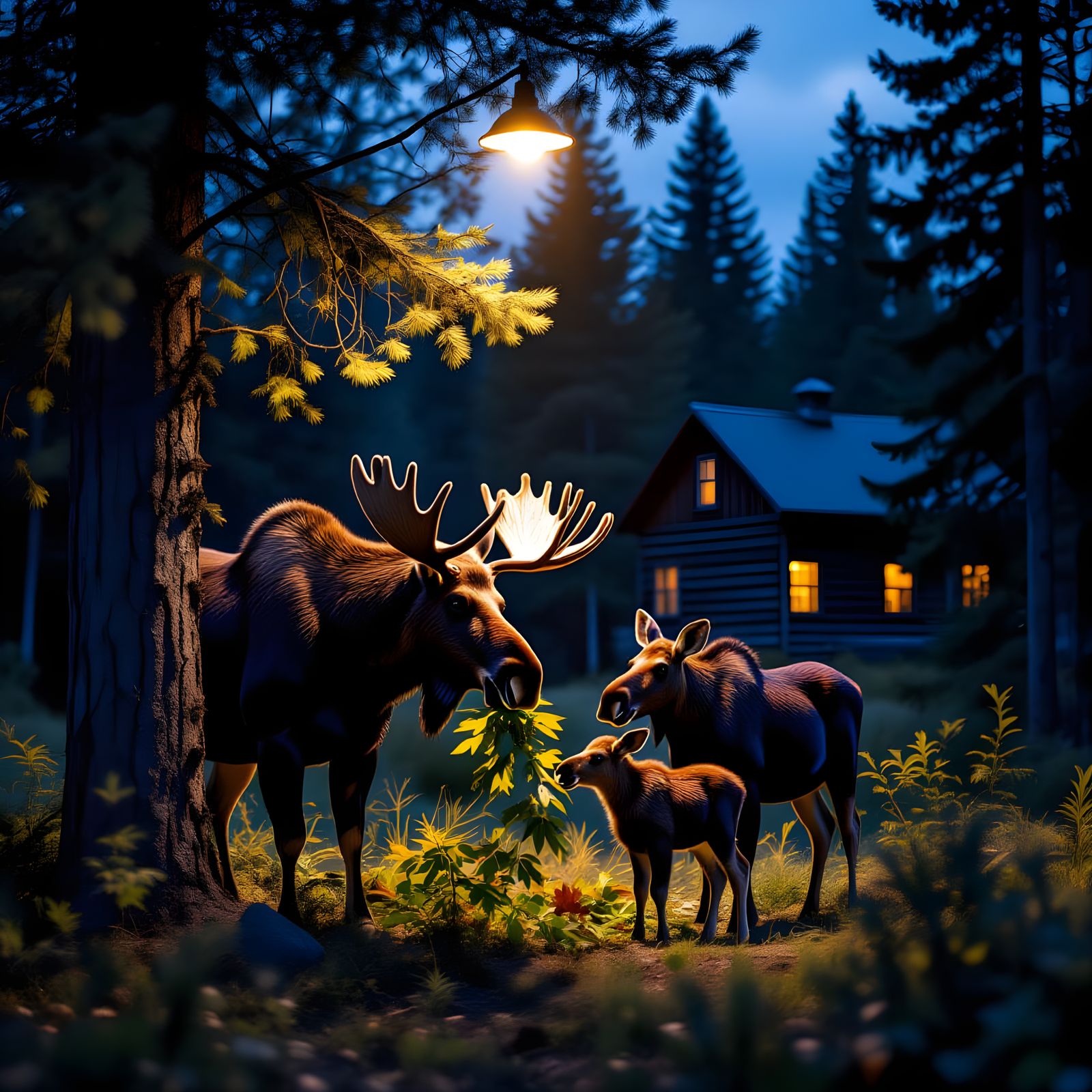 Moose and Calf at Night: a Professional Portrait