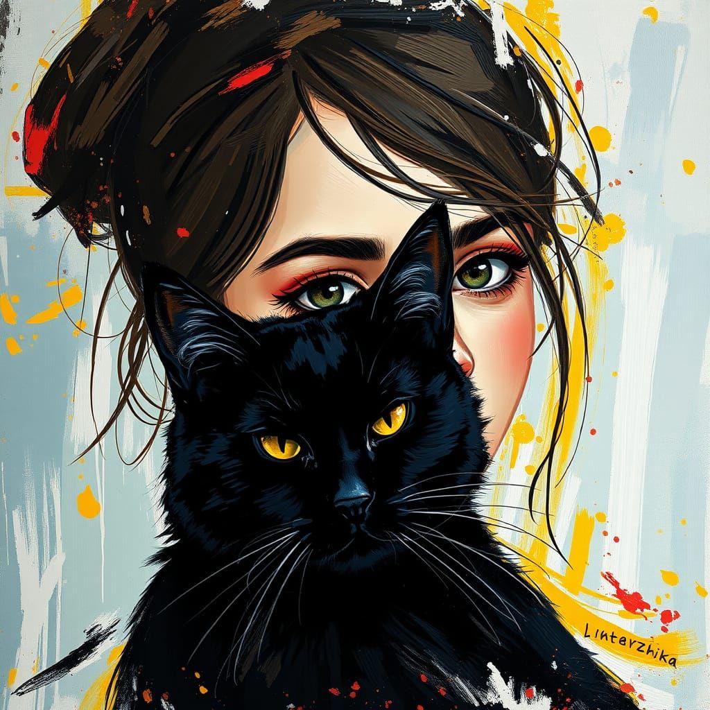 Abstract Acrylic Portrait of Girl with Black Cat