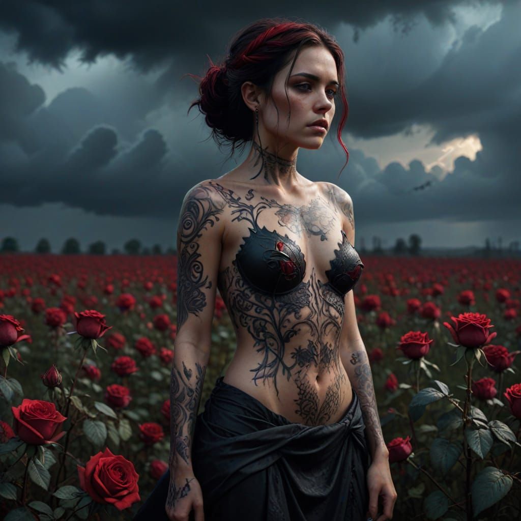 Ethereal Woman with Dark Tattoos in Wilting Rose Field
