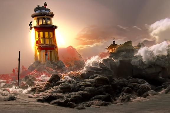 Futuristic Lighthouse Struck by Lightning: Expressionist Mat...
