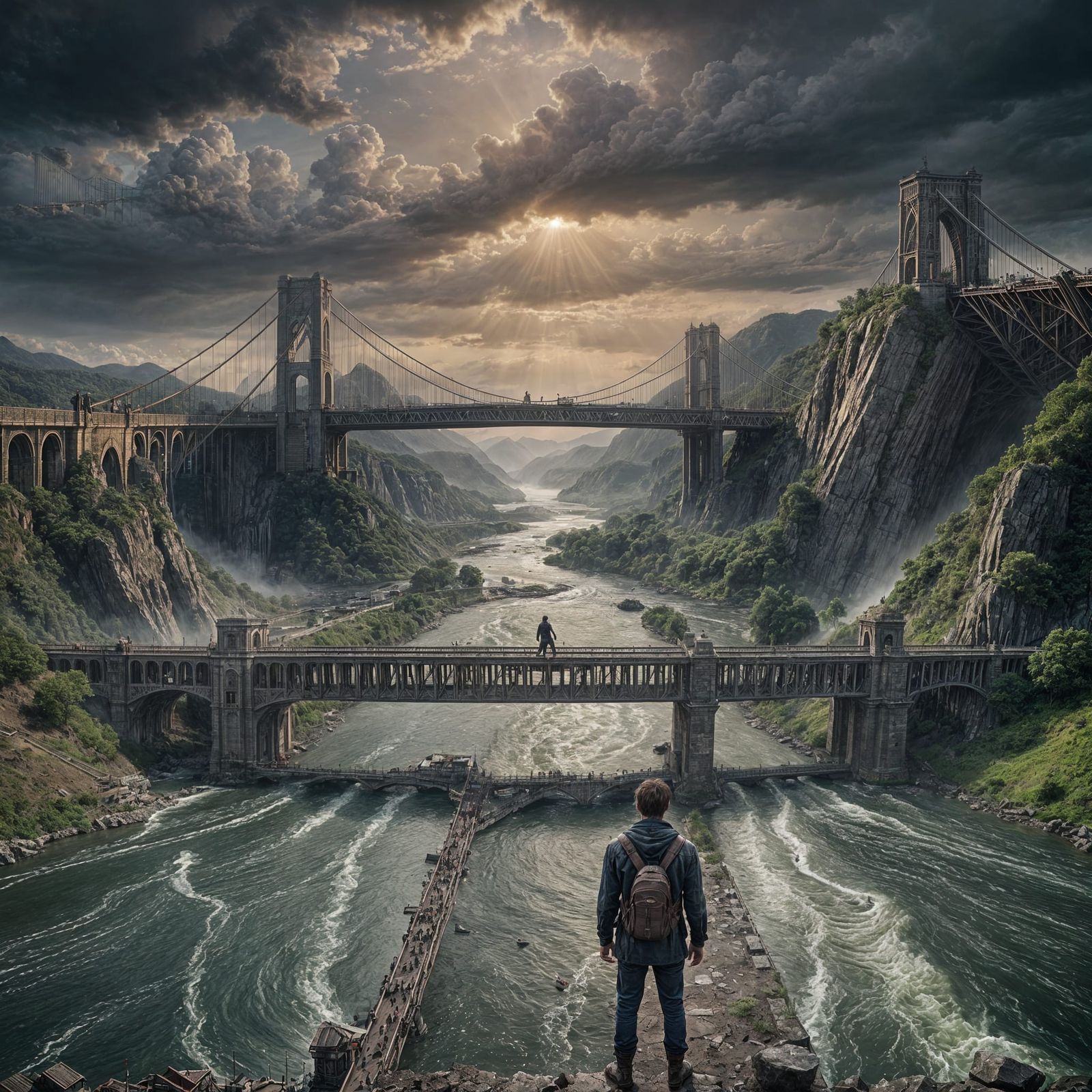 Desperate Man at Broken Bridge: Cinematic Digital Art