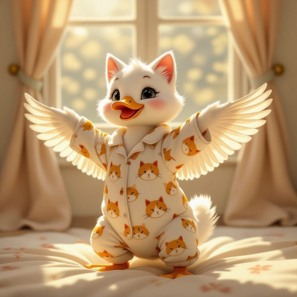 Duckling in Pajamas Stretching Wings, Folk Art Style