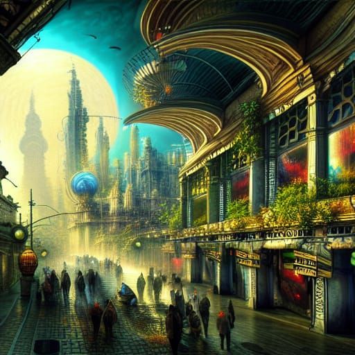 Intricate Solarpunk Fantasy Landscape in Cel-Shaded Style