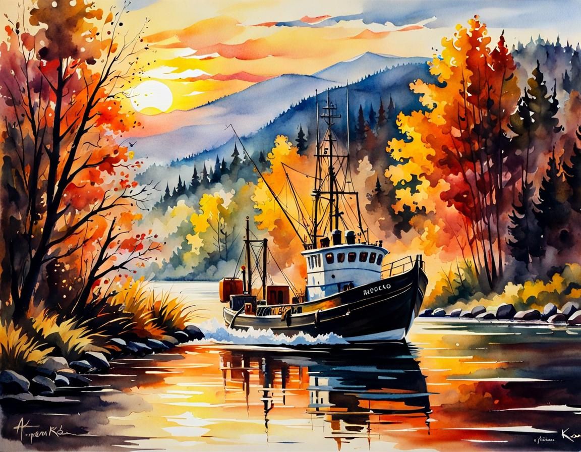 Fishing Trawler Returns: Watercolor River Sunset