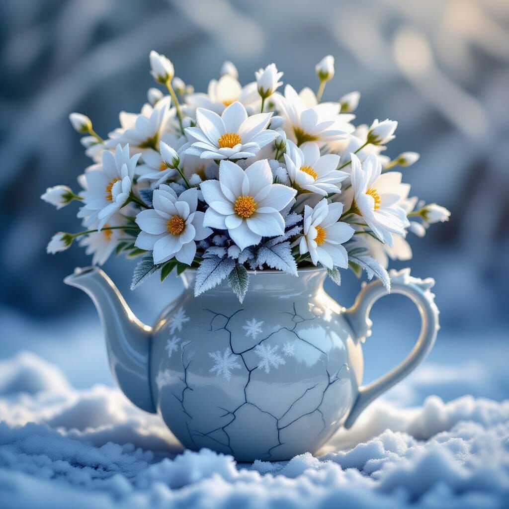 Frozen Bouquet in Cracked Teapot, Impressionistic Style