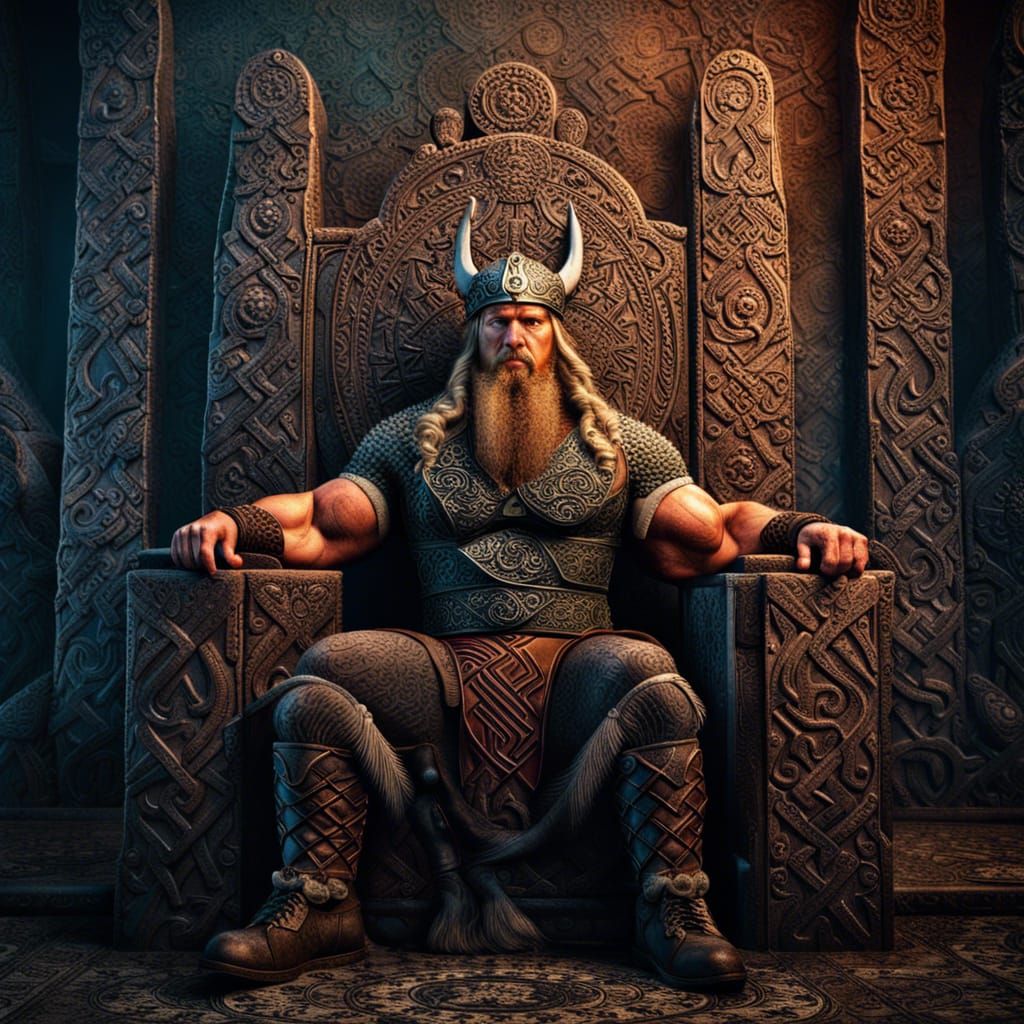 Muscular Viking King on Stone Throne: Hyperrealistic Art