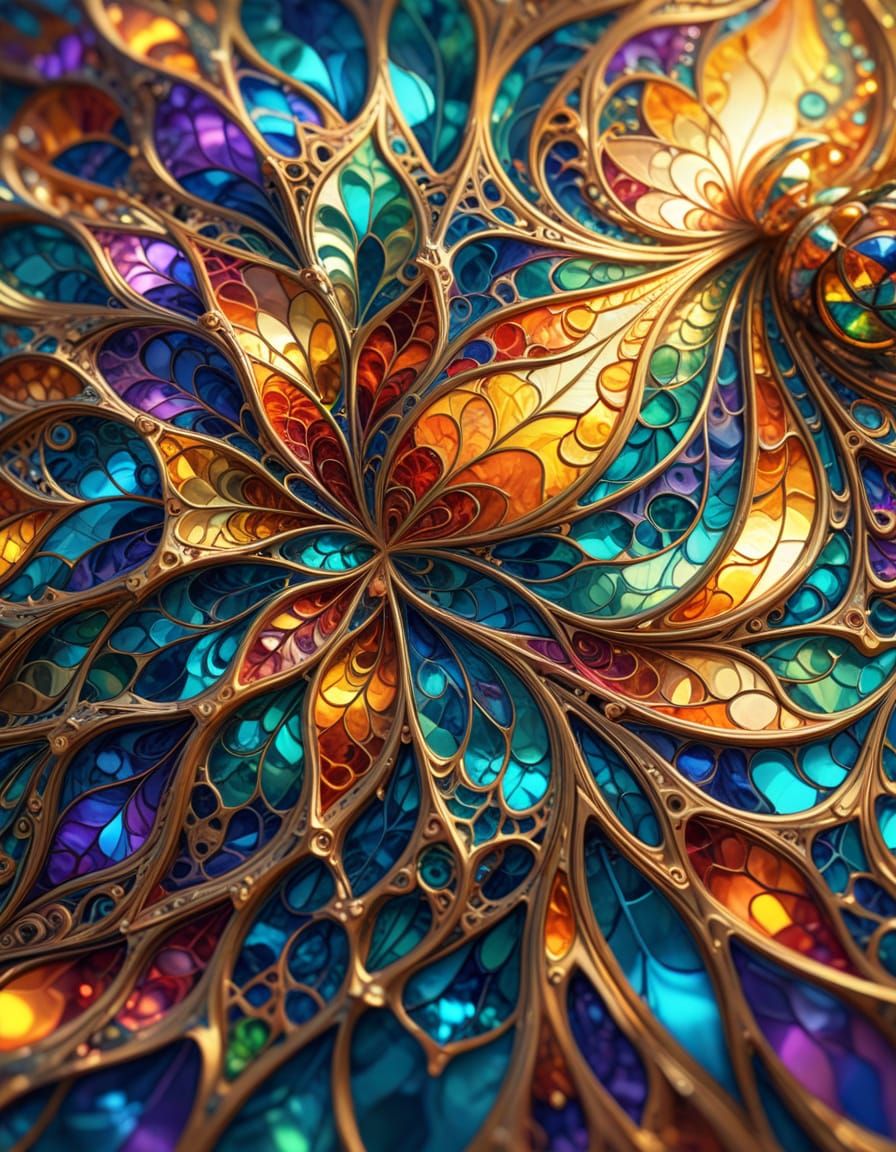 Iridescent Abstract Shapes in Digital Stained Glass Art