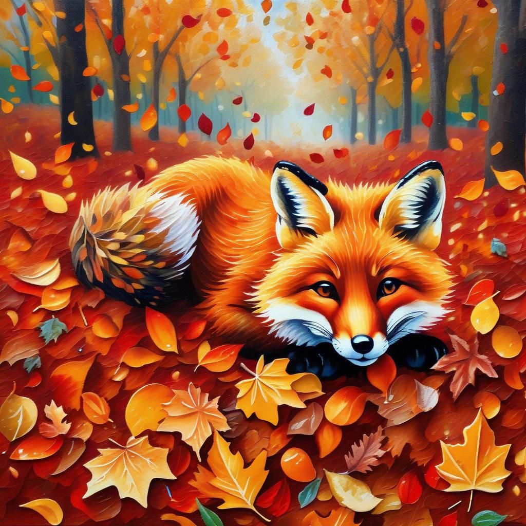 Fox Cub Playing in Autumn Leaves: Impasto Painting