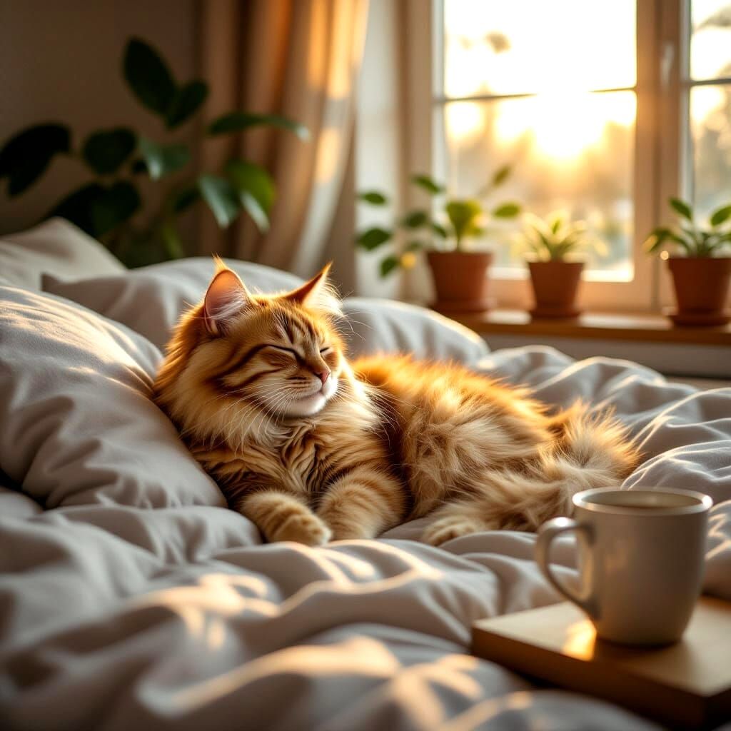 Ginger Cat Wakes in Sunlit Bedroom Oil Painting