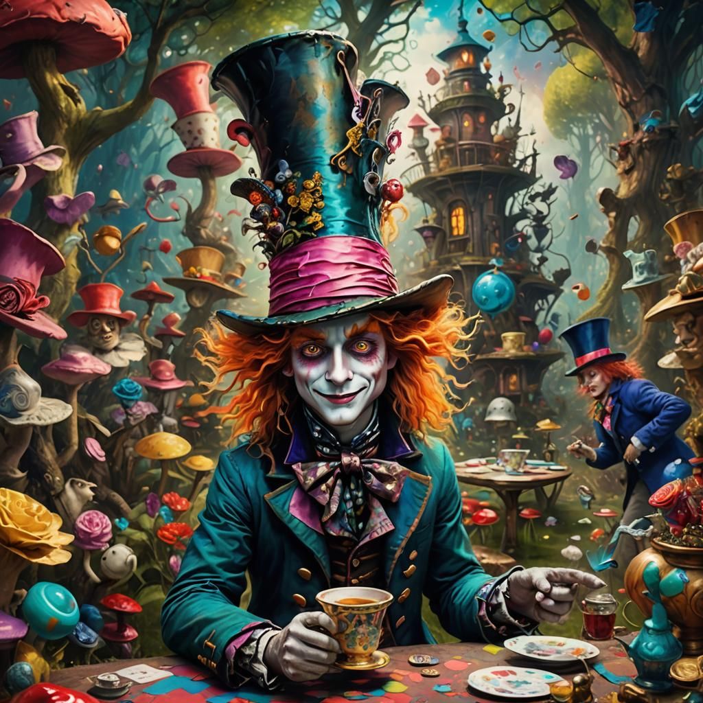 Colorful Impressionist Mad Hatter in Conte Crayon Style