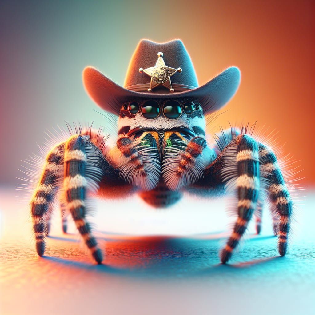Jumping Spider Sheriff with Star Badge in Hyperrealistic Det...