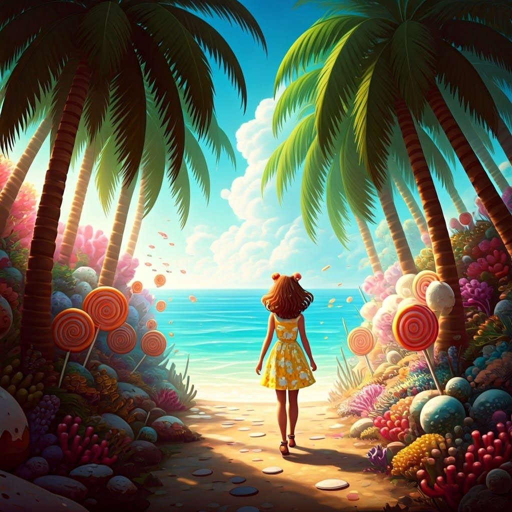 Candy Art Forest with Palm Trees and Explorer