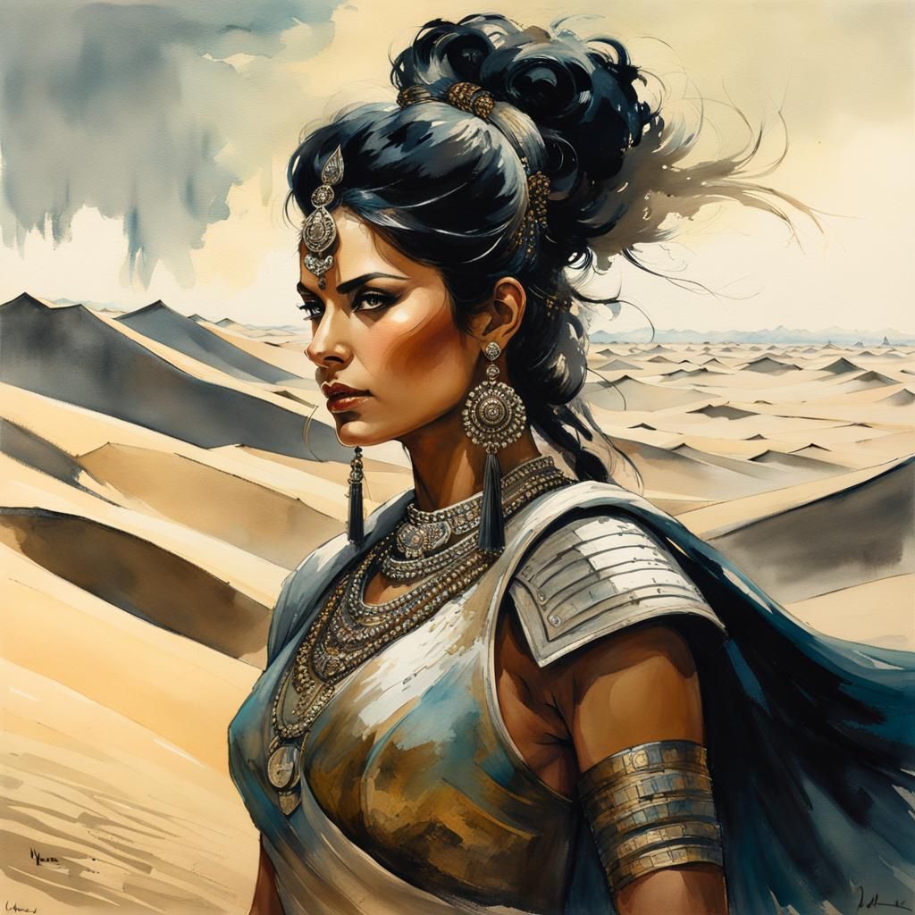 Goddess-like Indian Warrior in Watercolor and Ink