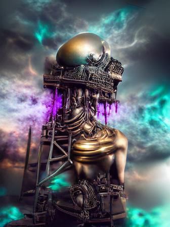 Steampunk Torture Scene in Iridescent Vaporwave Style