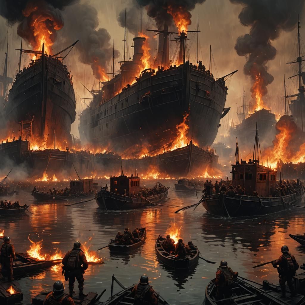 Burning Military Barges Invasion in Dark Fantasy Style