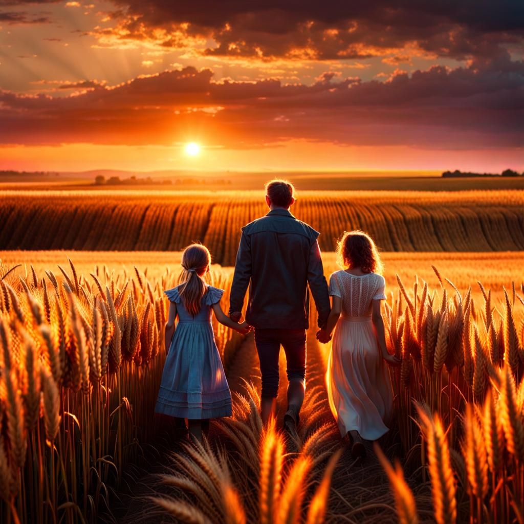 Family Sunset Walk in Wheat Field